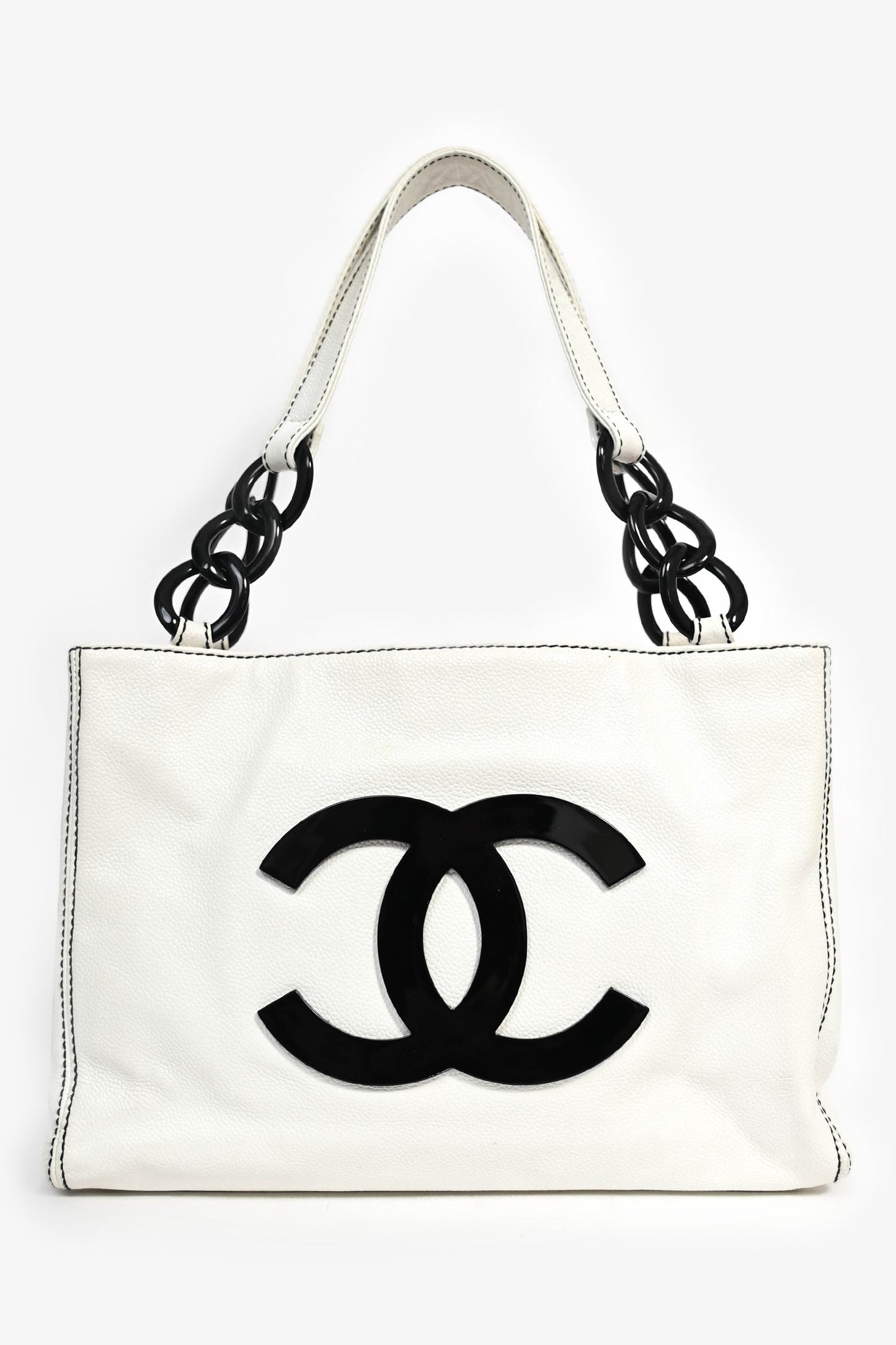Chanel ™ 2004-05 White Caviar Leather Black Resin CC Chain Link Tote Bag