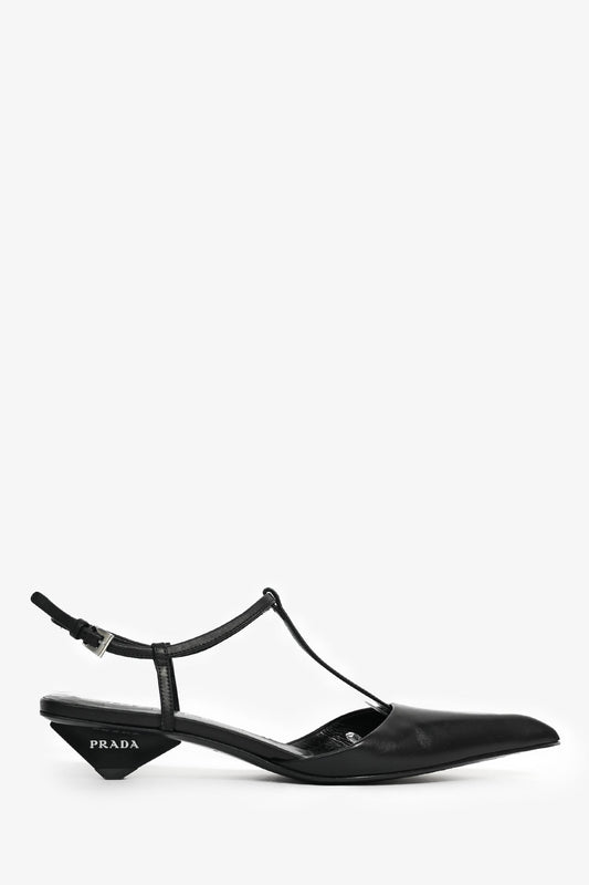 Prada Handbag Pointed Toe T-Strap Ballerina Pumps Leather Black Shoes