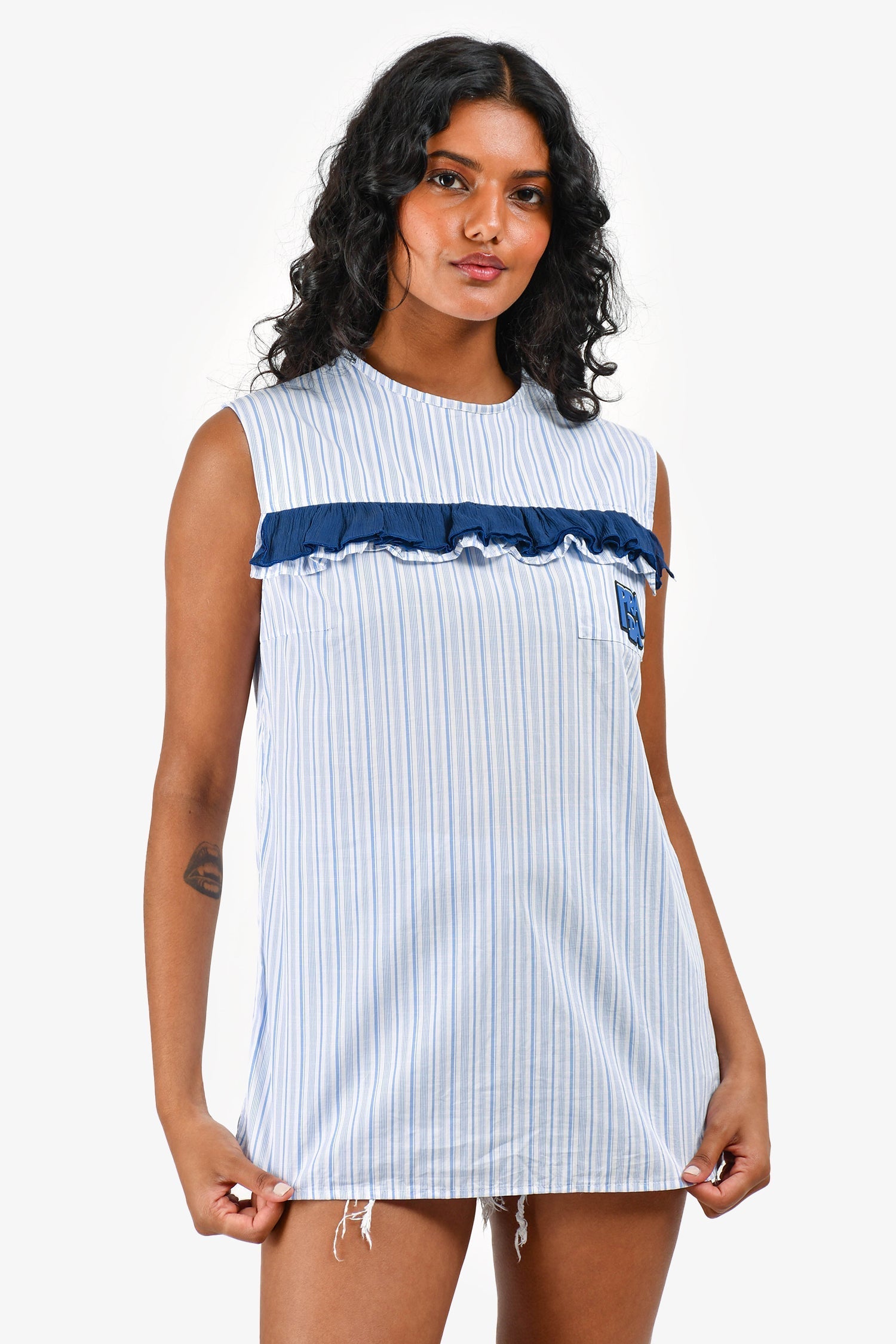 Prada Handbag Striped Ruffled Detail Applique Top White Blue Logo
