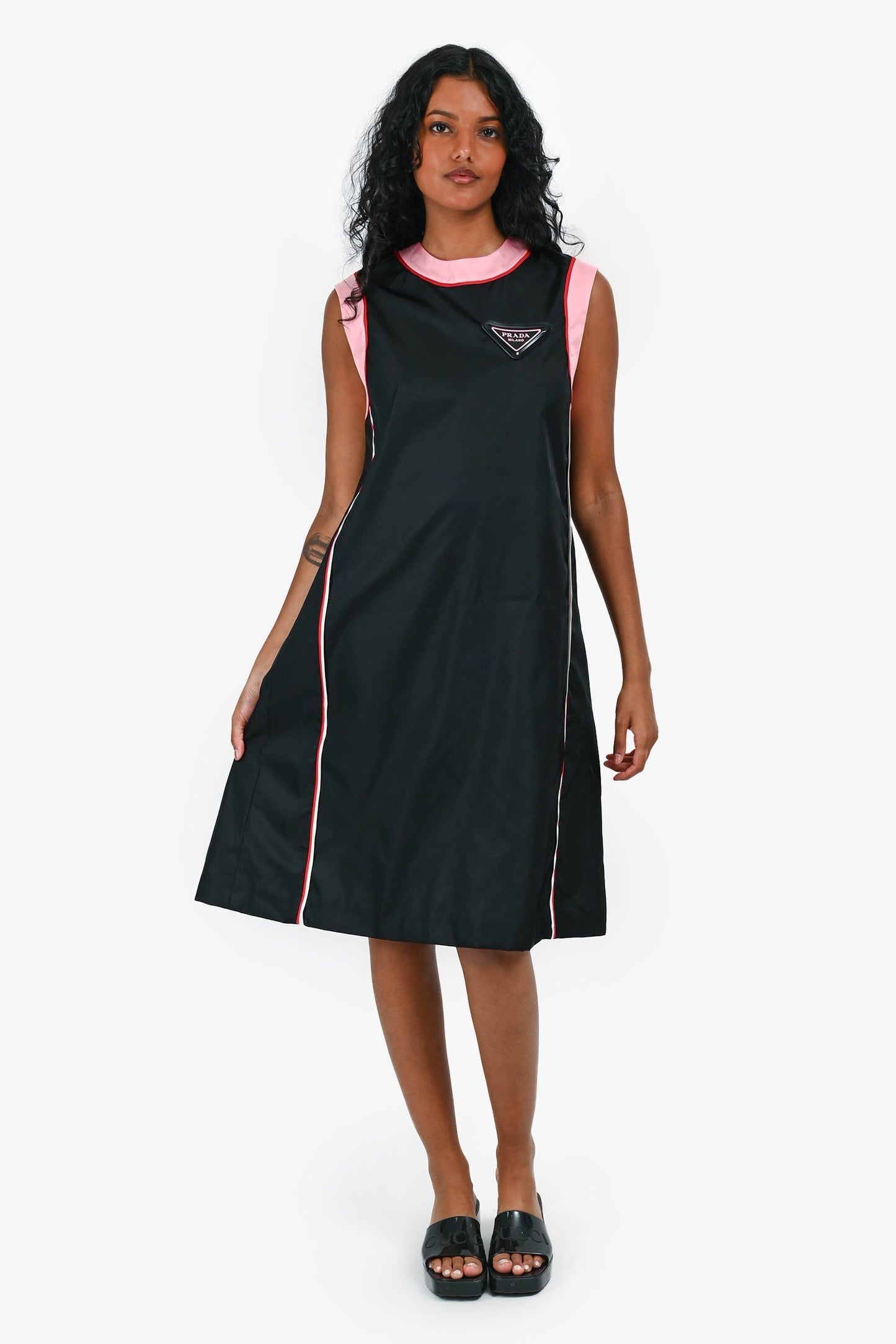 Prada Handbag Sleeveless Triangle Midi Dress Nylon Black Pink