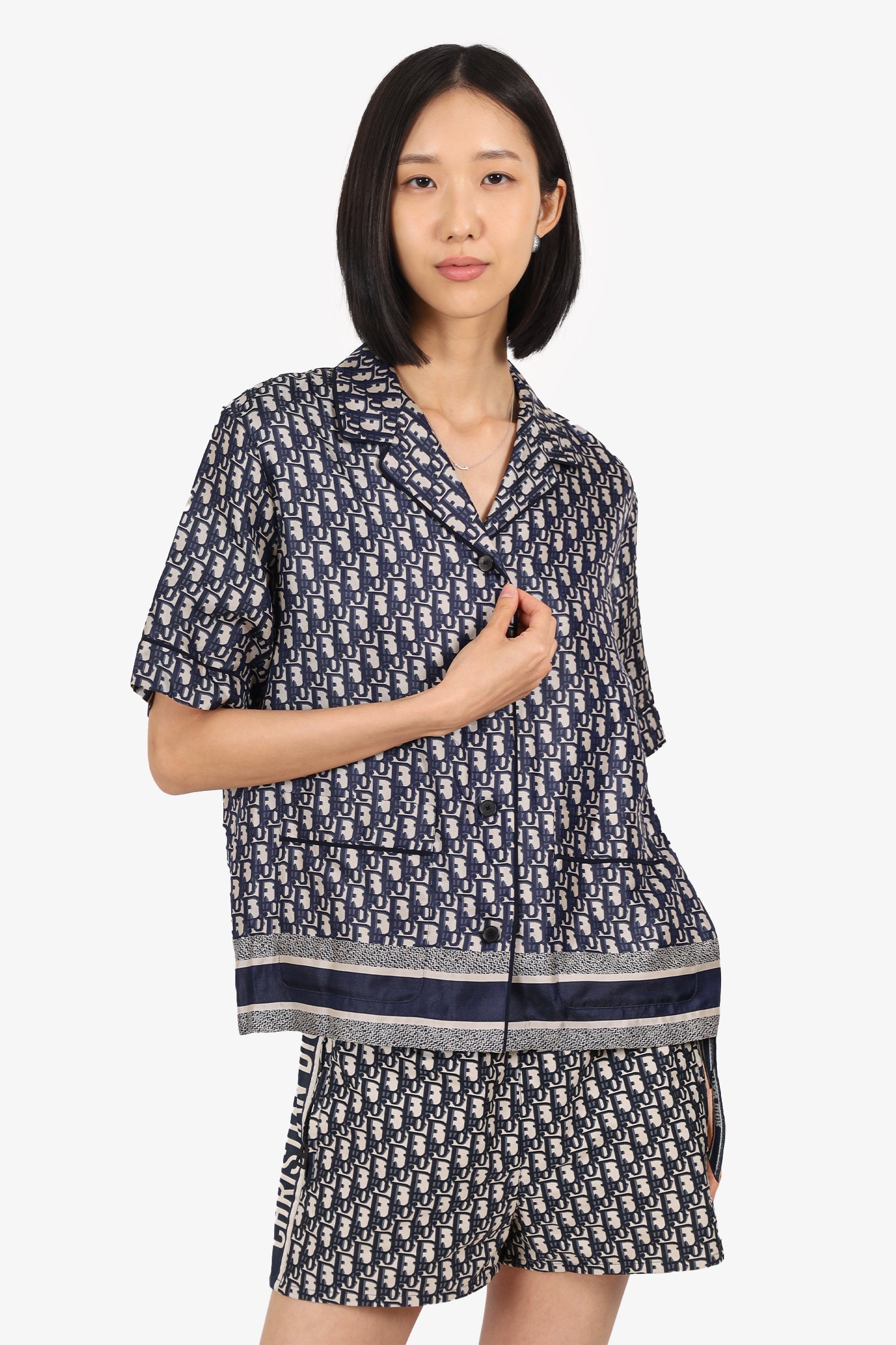 Dior Handbag Christian Oblique Silk Short Sleeve Shirt White Navy