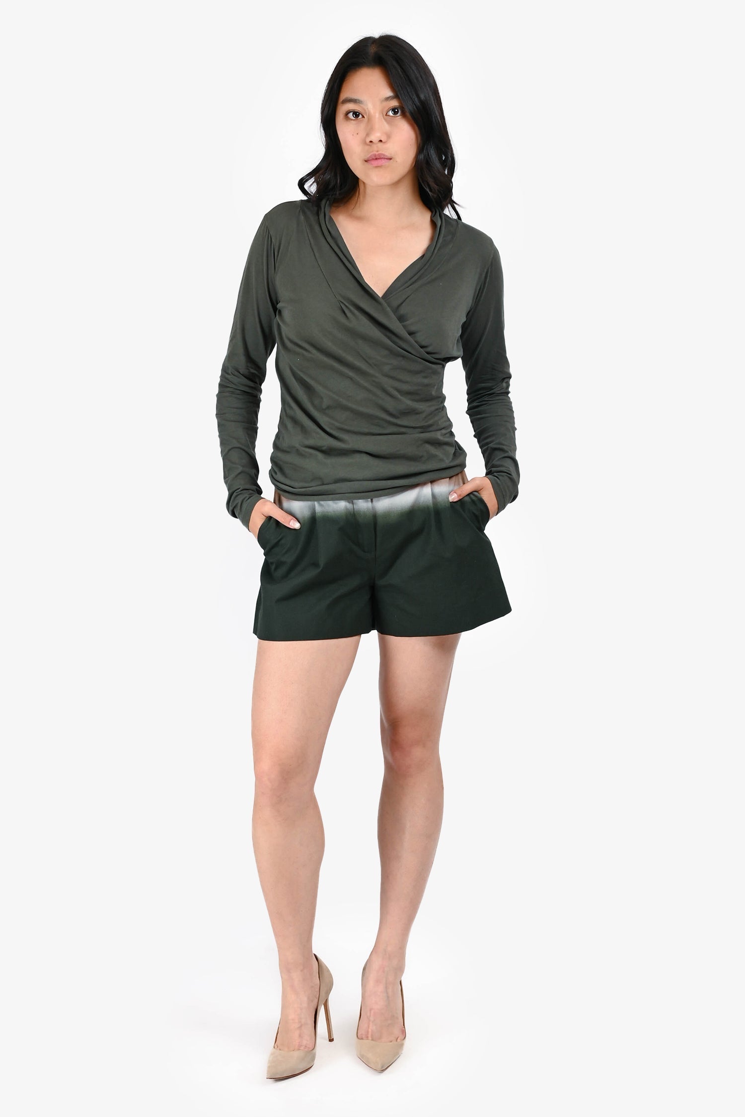 Prada Handbag Ombre Pleated Shorts Brown Green
