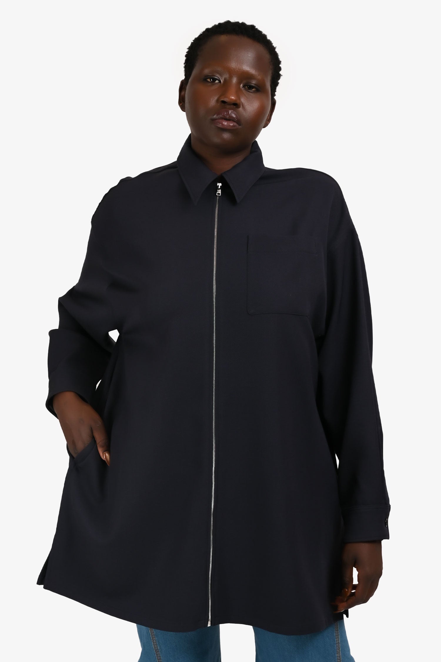 Prada Handbag Wool Twill Long -Up Coat Navy Zip