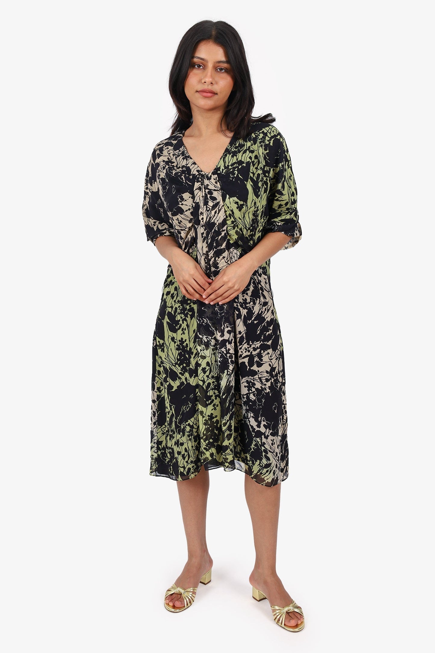 Dior Handbag Christian Silk Printed Draped Short Sleeve Midi Black Green