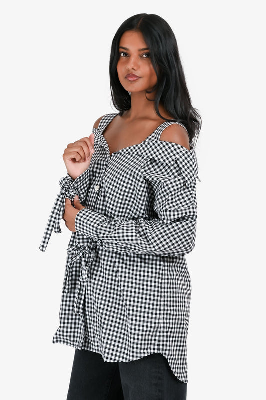 Prada Shoulder Bag & Gingham Off The Shoulder Shirt Black White