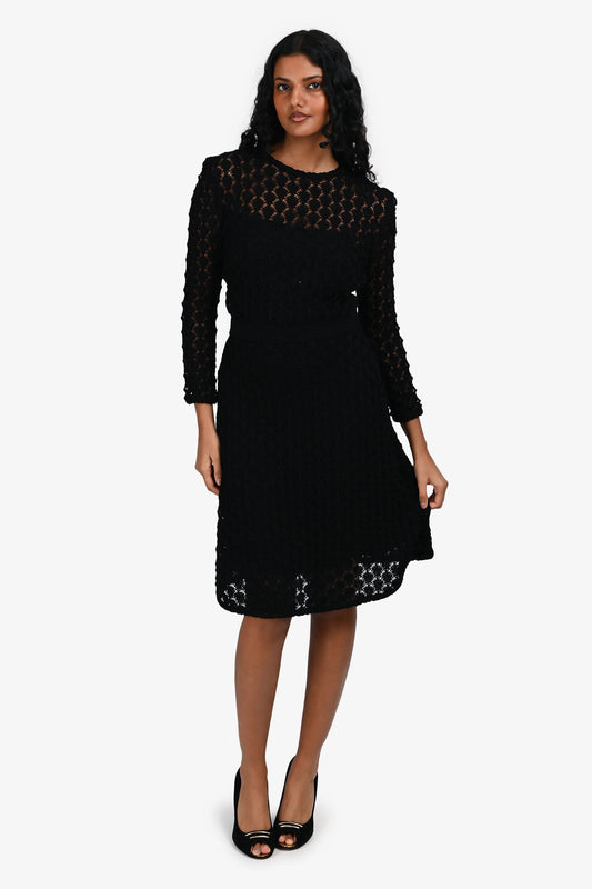 Dior Handbag Christian Lace Knit Long Sleeves Dress with Black