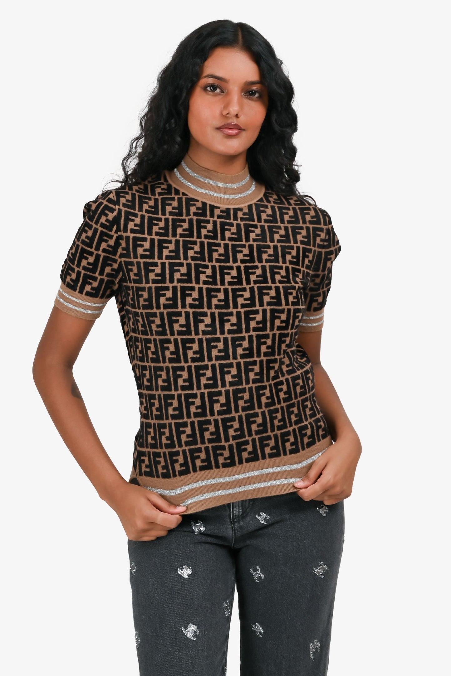 Fendi Handbag Short Sleeves Sweater Monogram Black Brown