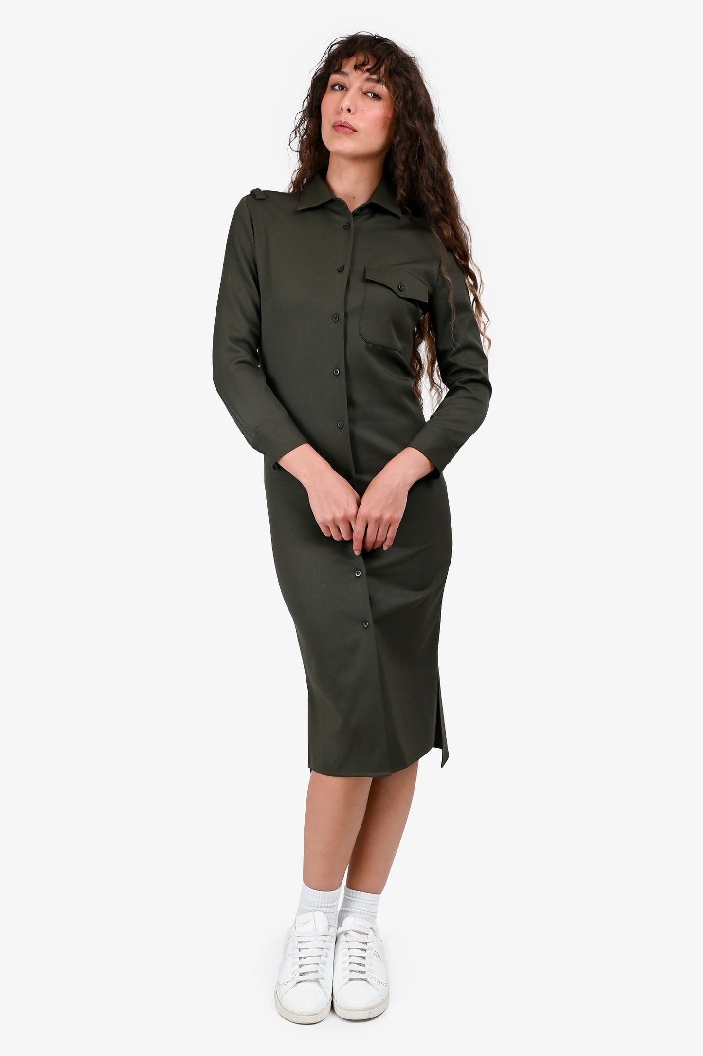 Prada Handbag Military Wool Long Sleeves Midi Shirt Dress Green