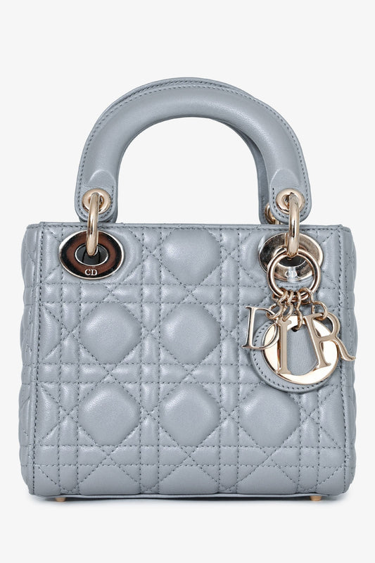 Dior Bag Christian Grey Shimmer Cannage Lady with Strap Leather Gray Mini Mini Bag