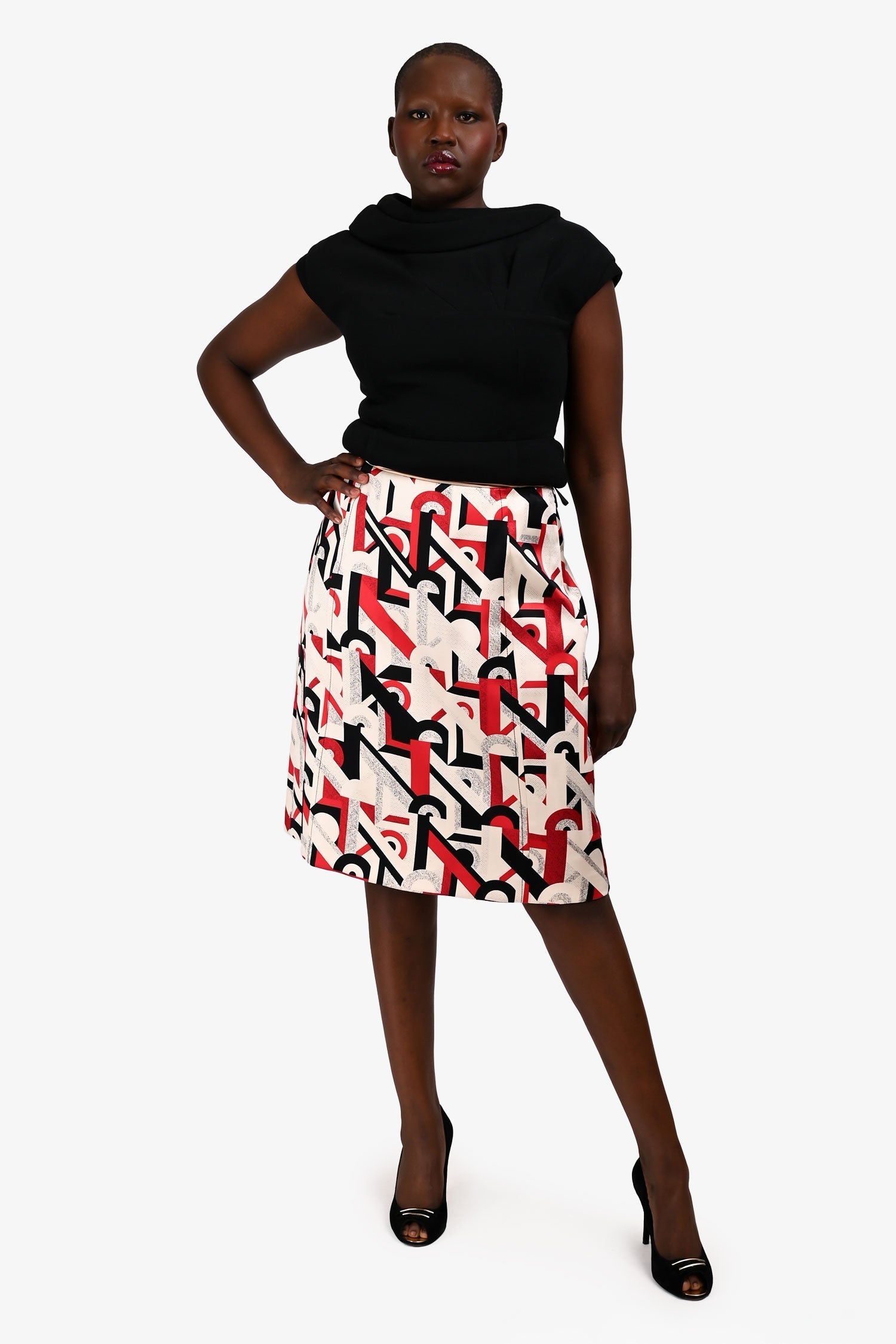 Prada Handbag Silk Graphic Printed Midi Skirt Red Cream