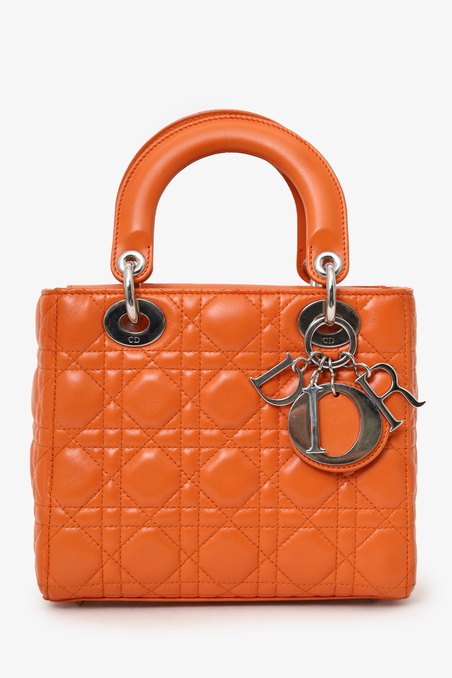 Dior Handbag Christian Cannage Lady with Strap Leather Orange Small