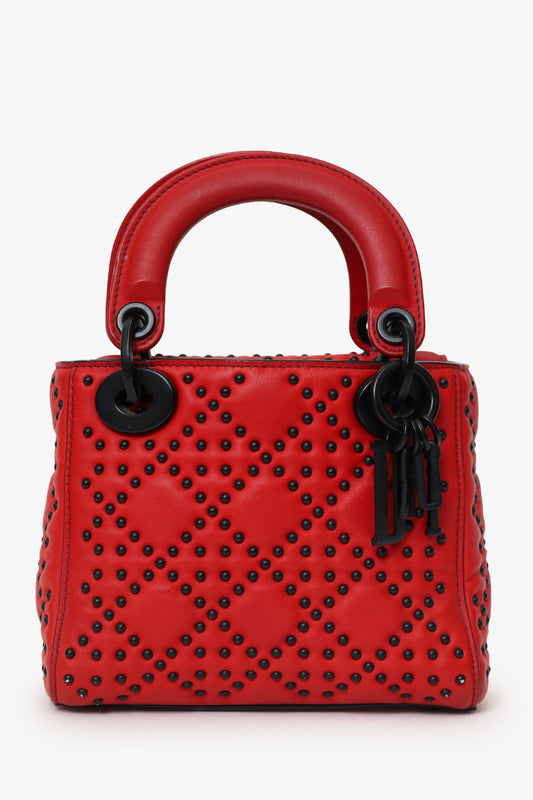 Dior Bag Christian Studded Cannage Supple Lady Lambskin Red Mini Mini Bag