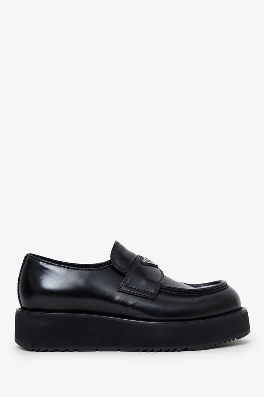 Prada Handbag Brushed Loafers Leather Black Shoes
