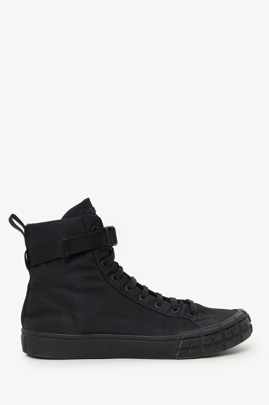 Prada Handbag Buckle Detail High Top Sneakers Nylon Black Shoes