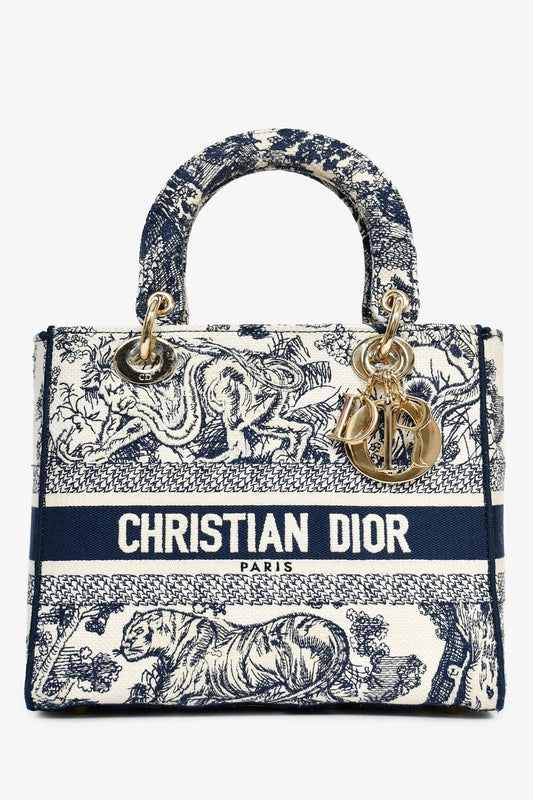 Dior Handbag Christian Jacquard D-Lite with Strap White Navy Medium