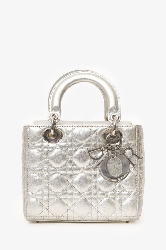 Dior Tote Bag Christian Metallic Cannage Lady with Strap Leather Silver Small