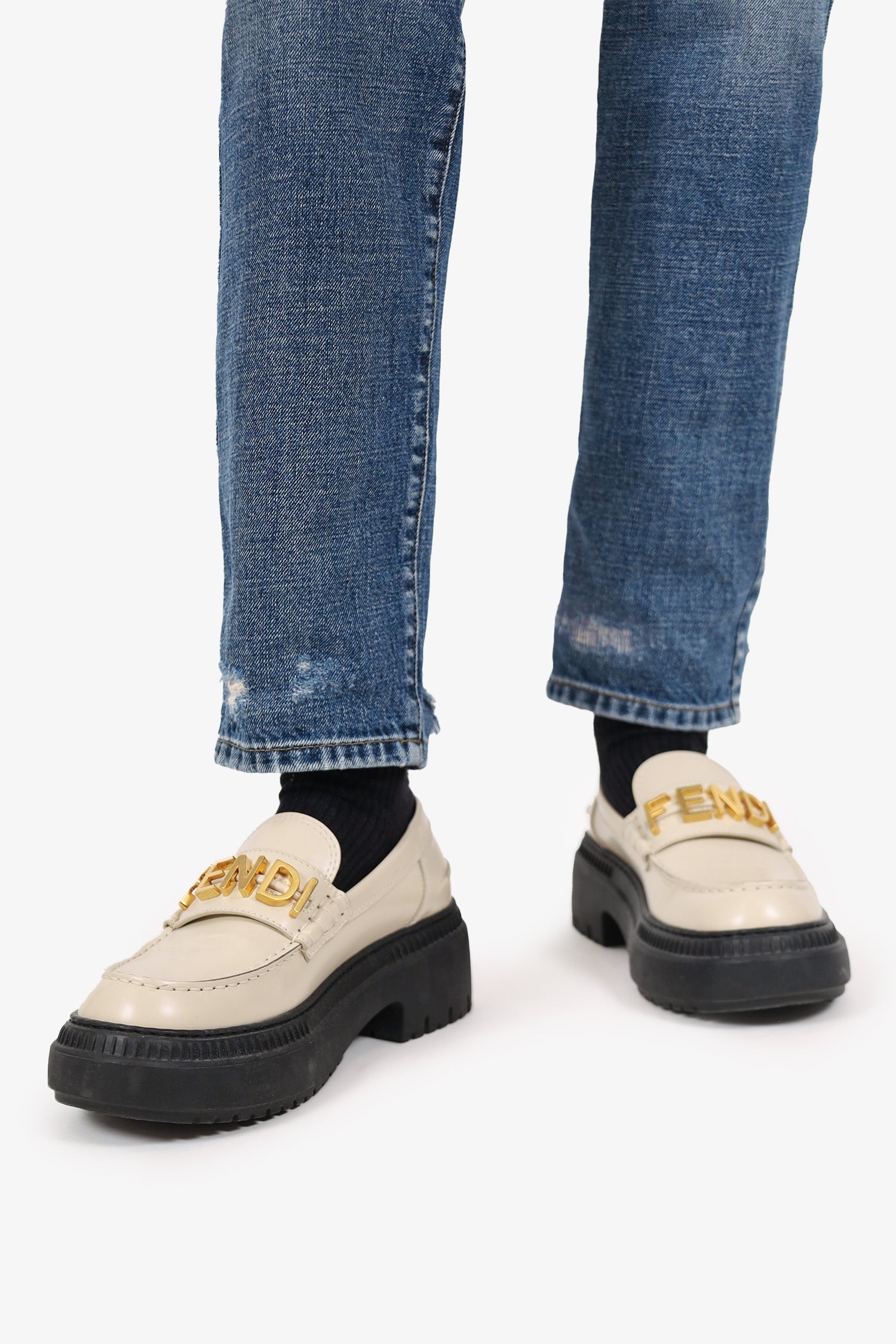 Fendi Handbag graphy Lug Sole Loafers Leather White Shoes