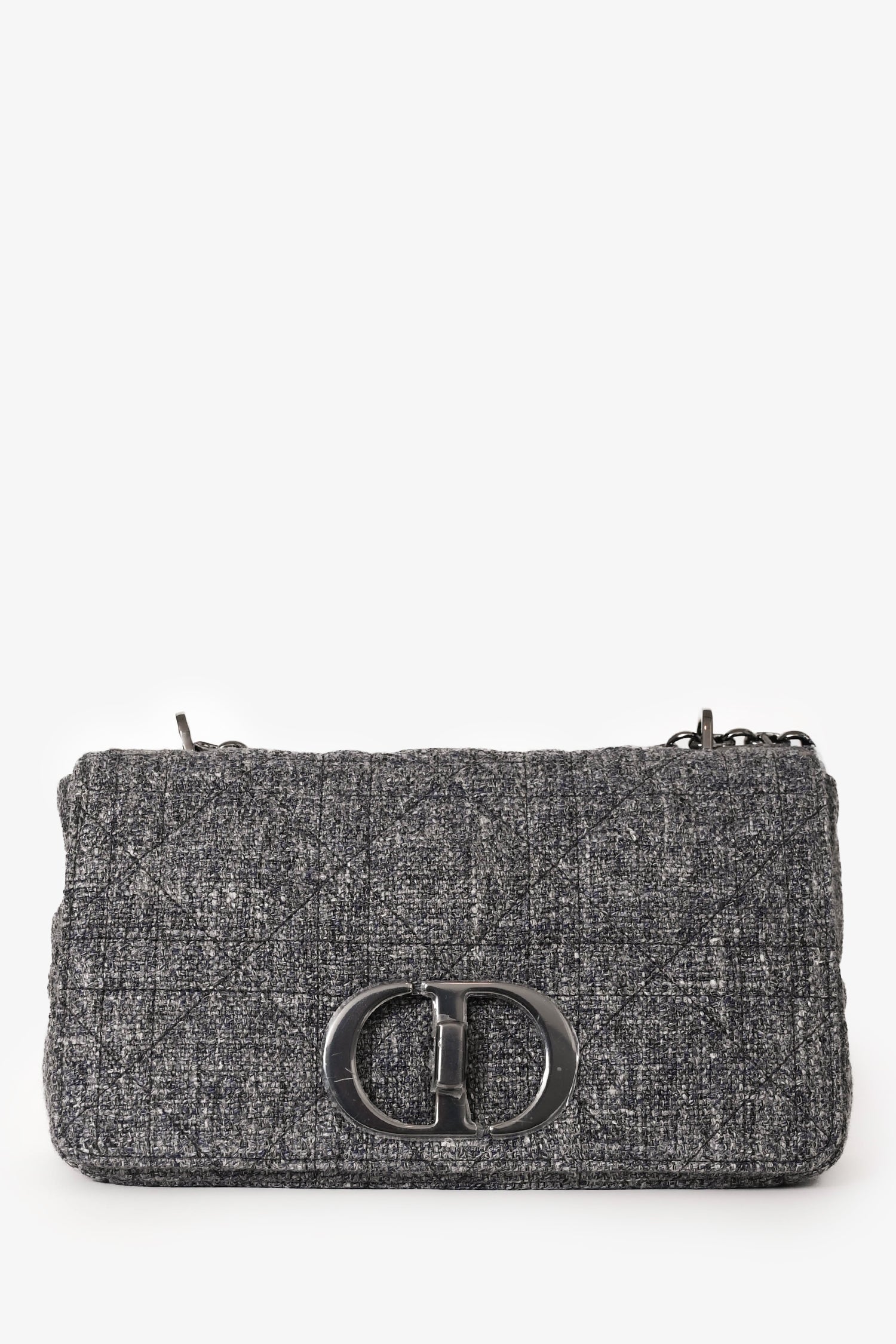 Dior Shoulder Bag Christian Grey Tweed Caro Bag Gray Medium