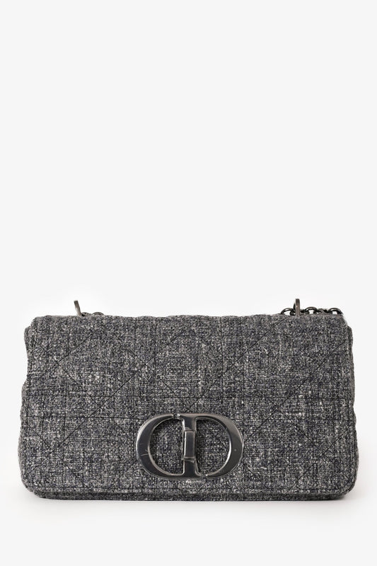 Dior Shoulder Bag Christian Grey Tweed Caro Bag Gray Medium