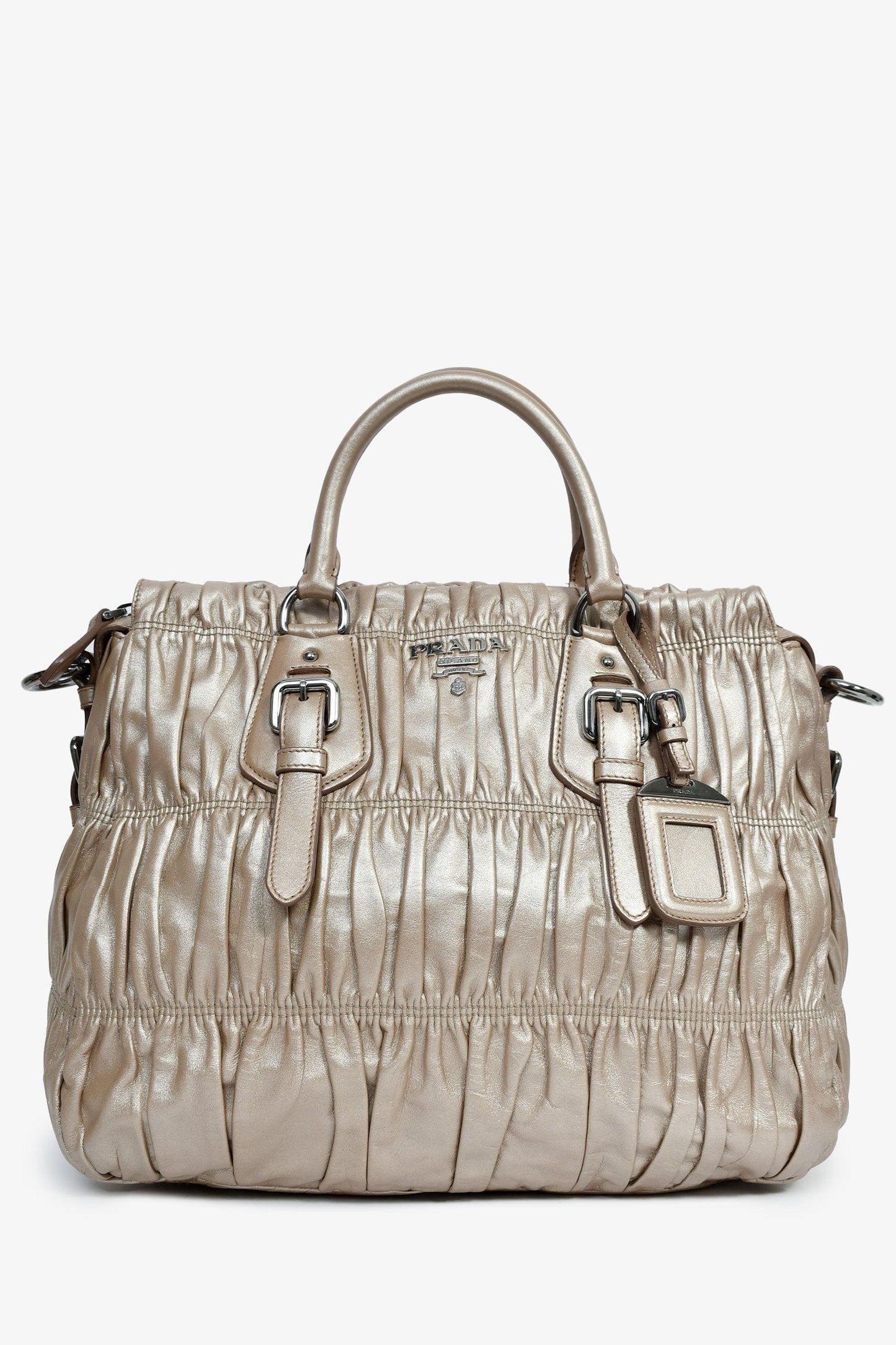Prada Handbag Metallic Nappa Gaufre Bag With Strap Leather Gold Top Handle