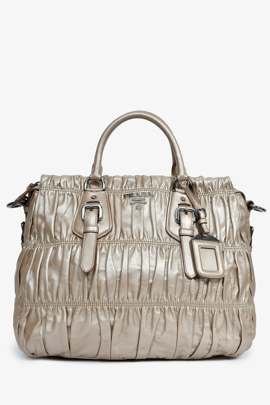 Prada Handbag Metallic Nappa Gaufre Bag With Strap Leather Gold Top Handle