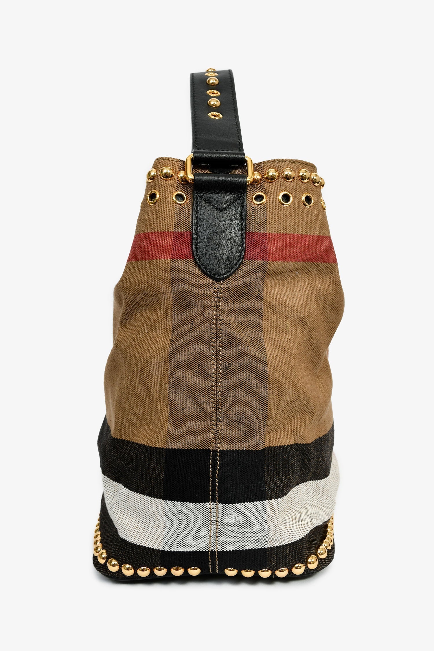 Burberry Linen Novacheck Studded Hobo Bag Leather Black Brown Shoulder Bag