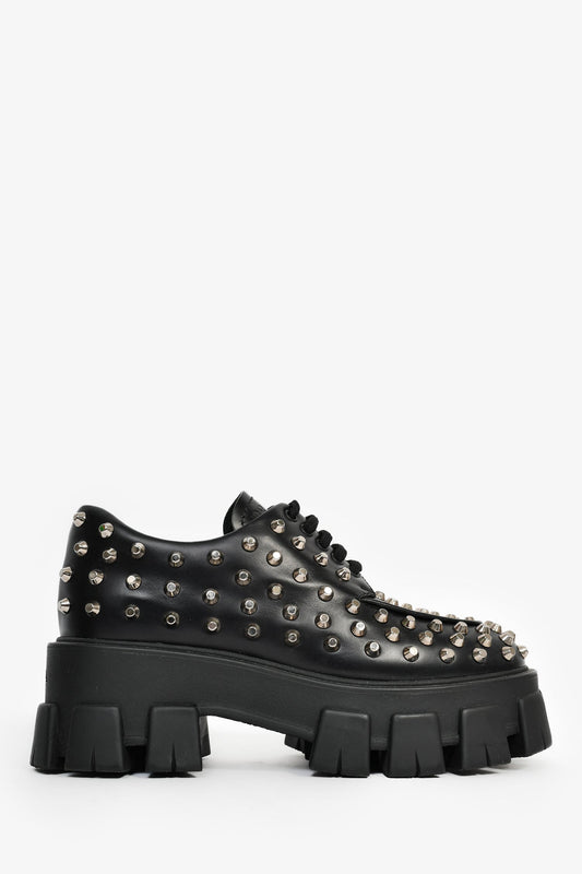 Prada Handbag Brushed Studded Platform Loafers Leather Black Shoes