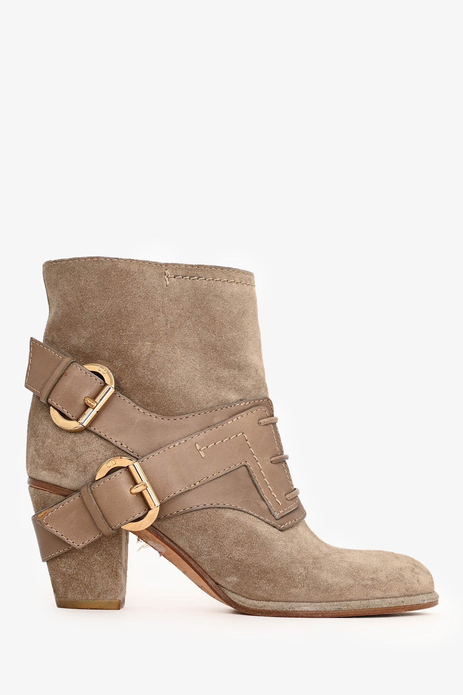 Dior Shoe Christian Buckle Detail Ankle Boots Leather Suede Beige Shoes