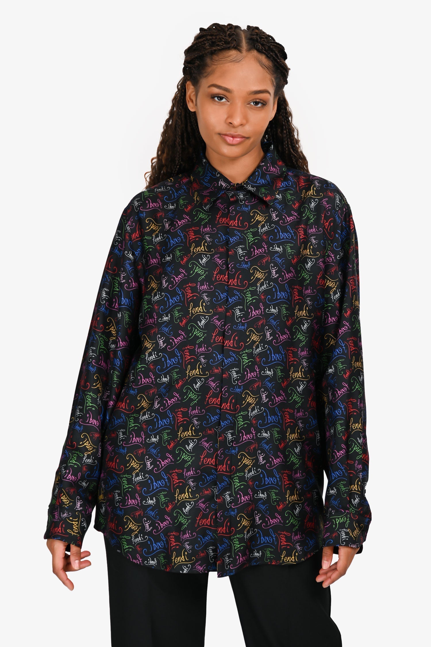 Fendi Handbag Multicoloured Silk Button Down Shirt Black Logo