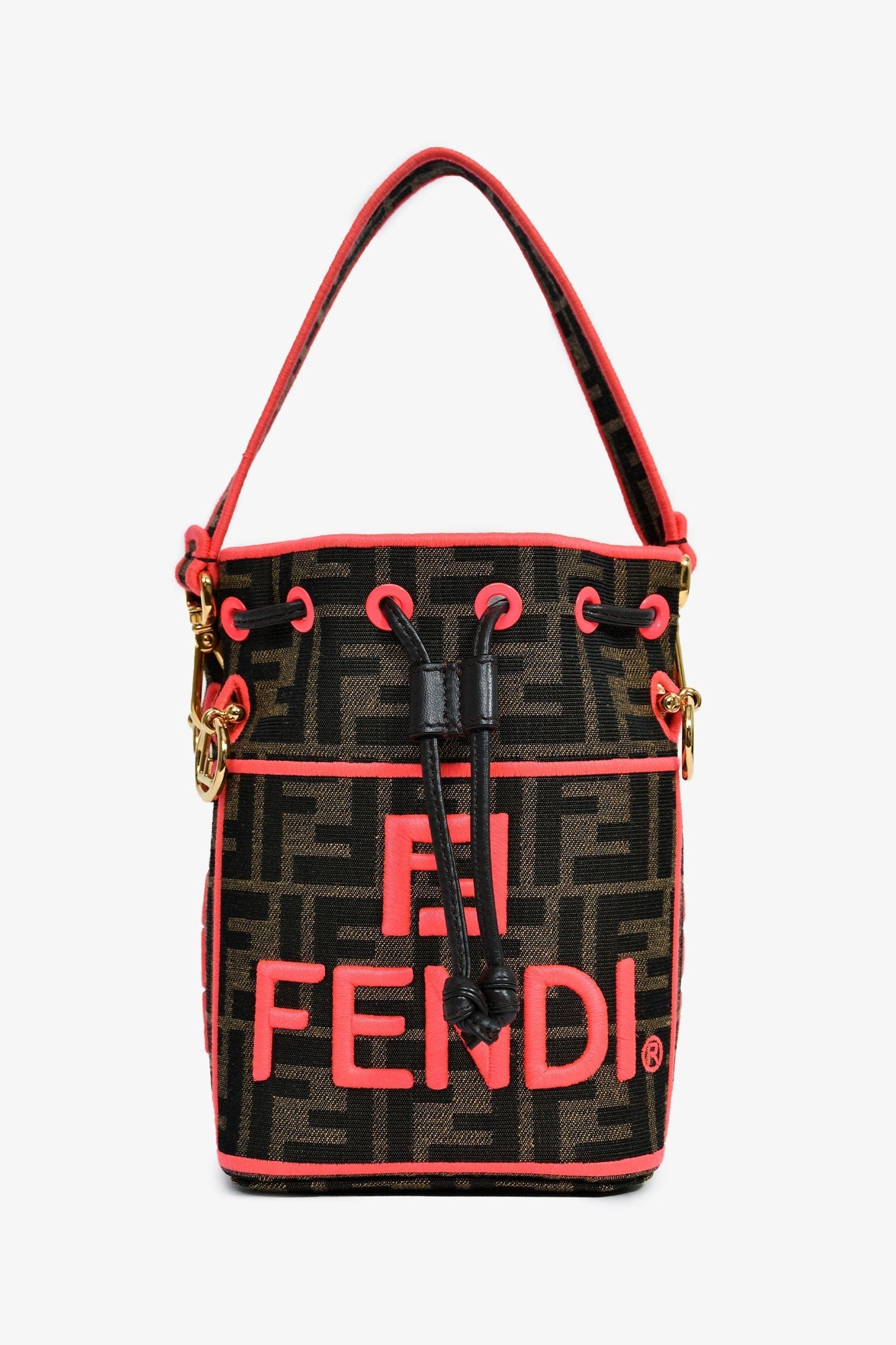 Fendi Bag Zucca Neon Mon Tresor Canvas Brown Pink Bucket Bag