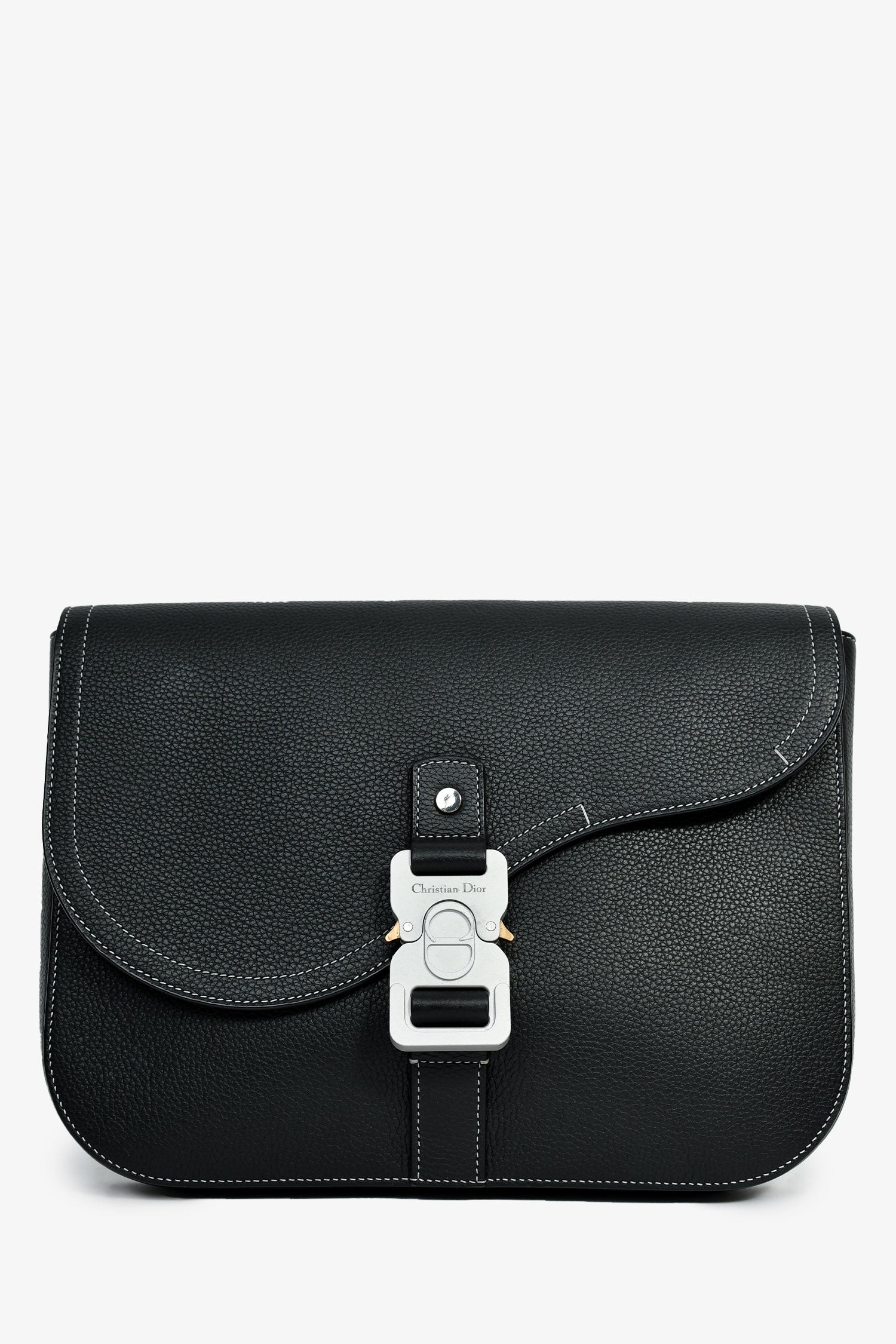 Dior Handbag Christian Grained Saddle Pouch Mens Leather Black