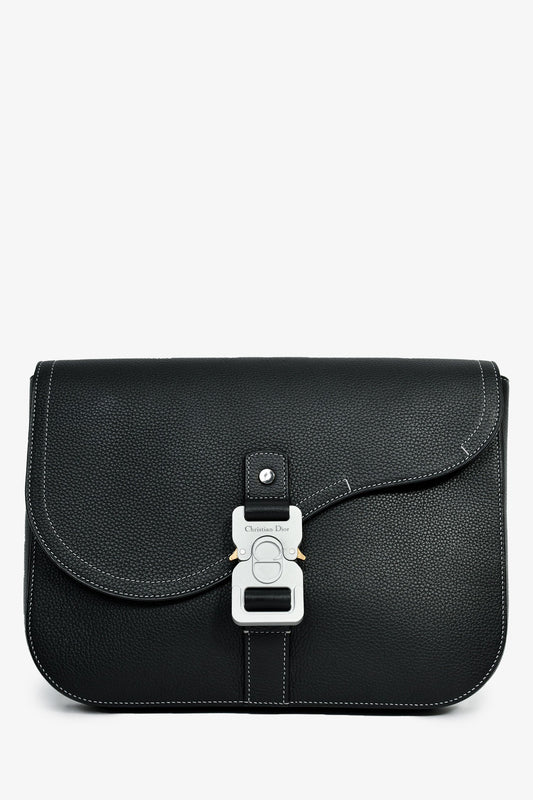 Dior Handbag Christian Grained Saddle Pouch Mens Leather Black