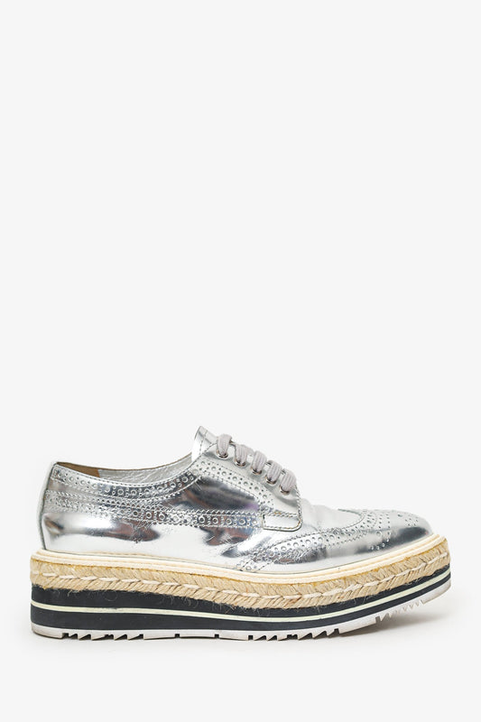Prada Shoe Metallic Platform Oxford s Leather Silver Shoes