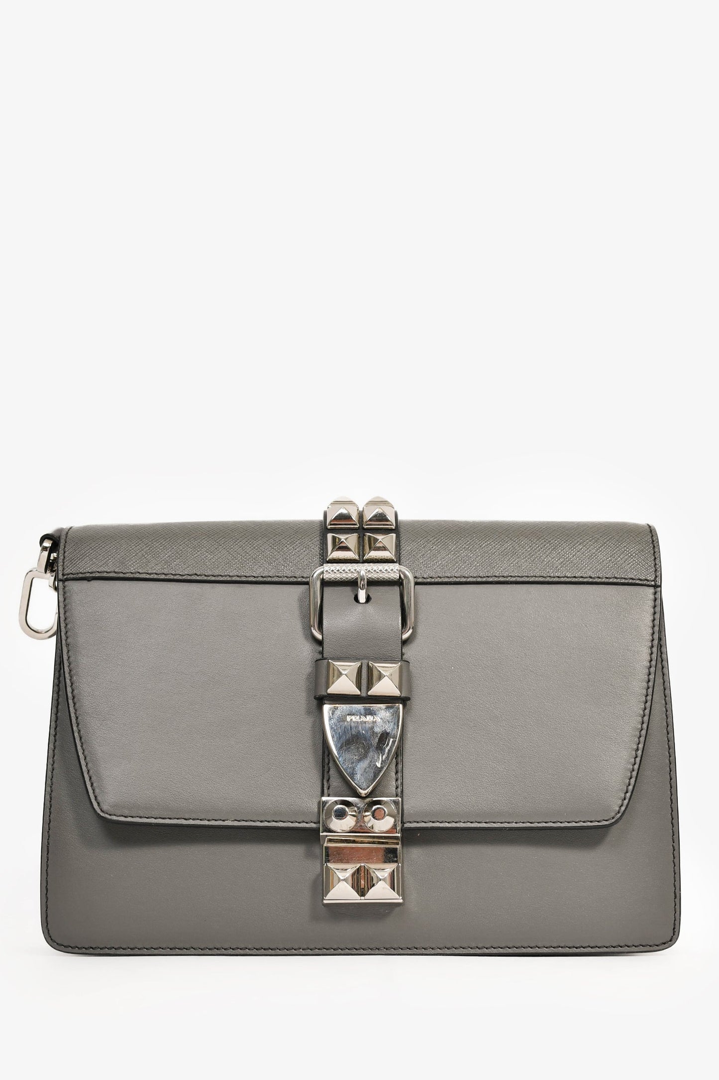 Prada Crossbody Bag Grey with Studded Detachable Strap Leather Black Gray