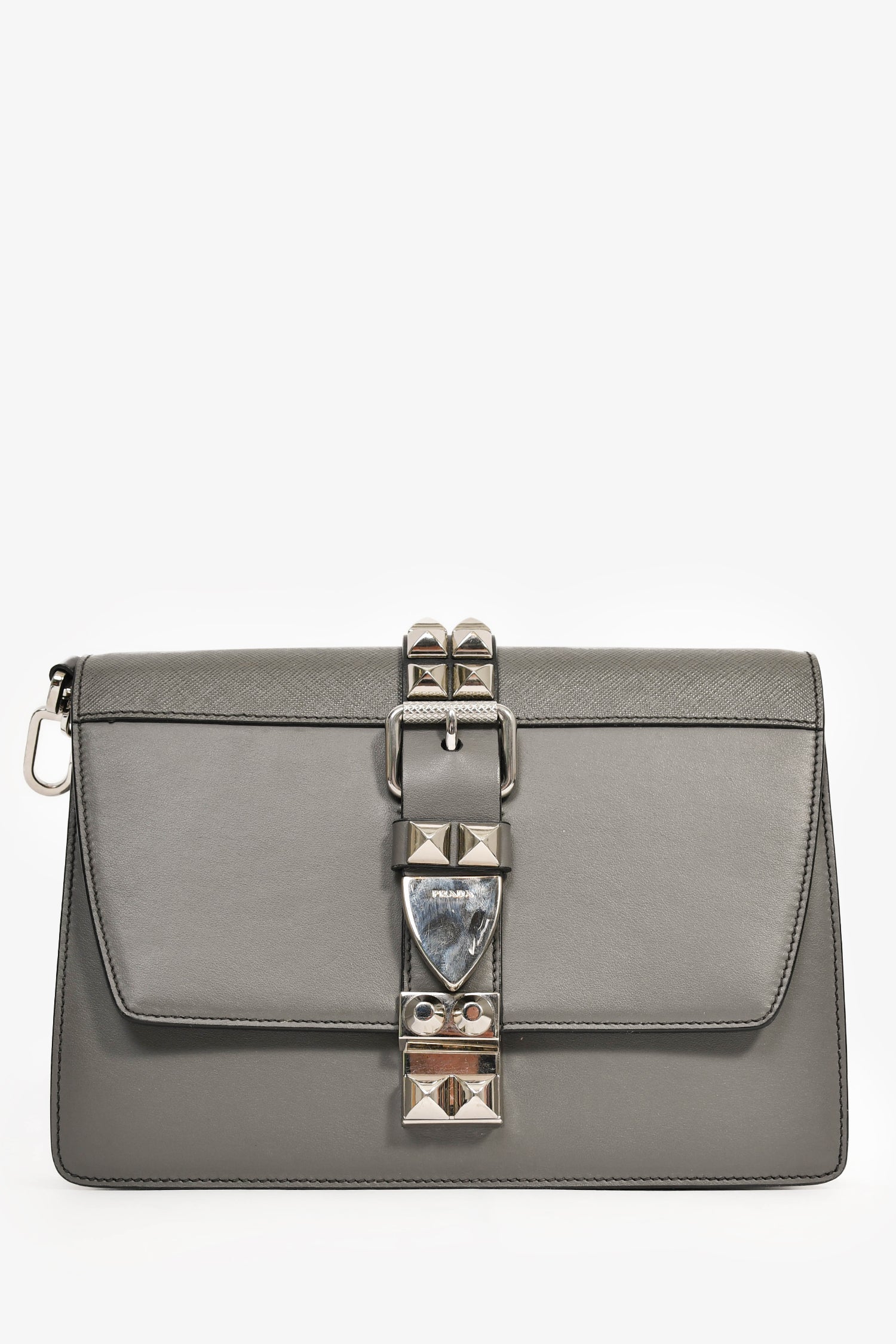 Prada Crossbody Bag Grey with Studded Detachable Strap Leather Black Gray