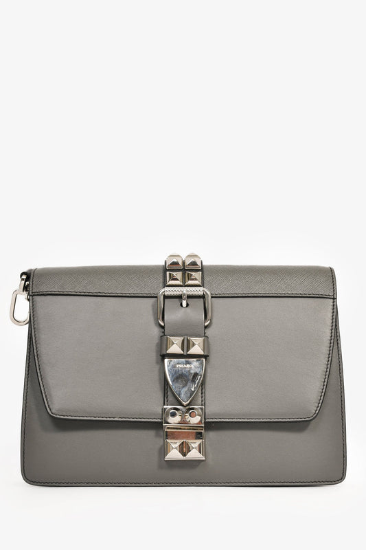 Prada Crossbody Bag Grey with Studded Detachable Strap Leather Black Gray