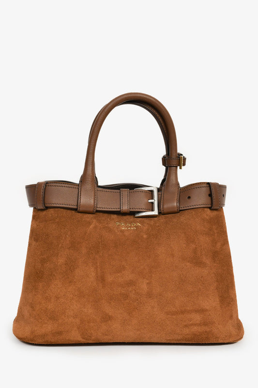 Prada Handbag Buckle Bag with Strap Leather Suede Brown