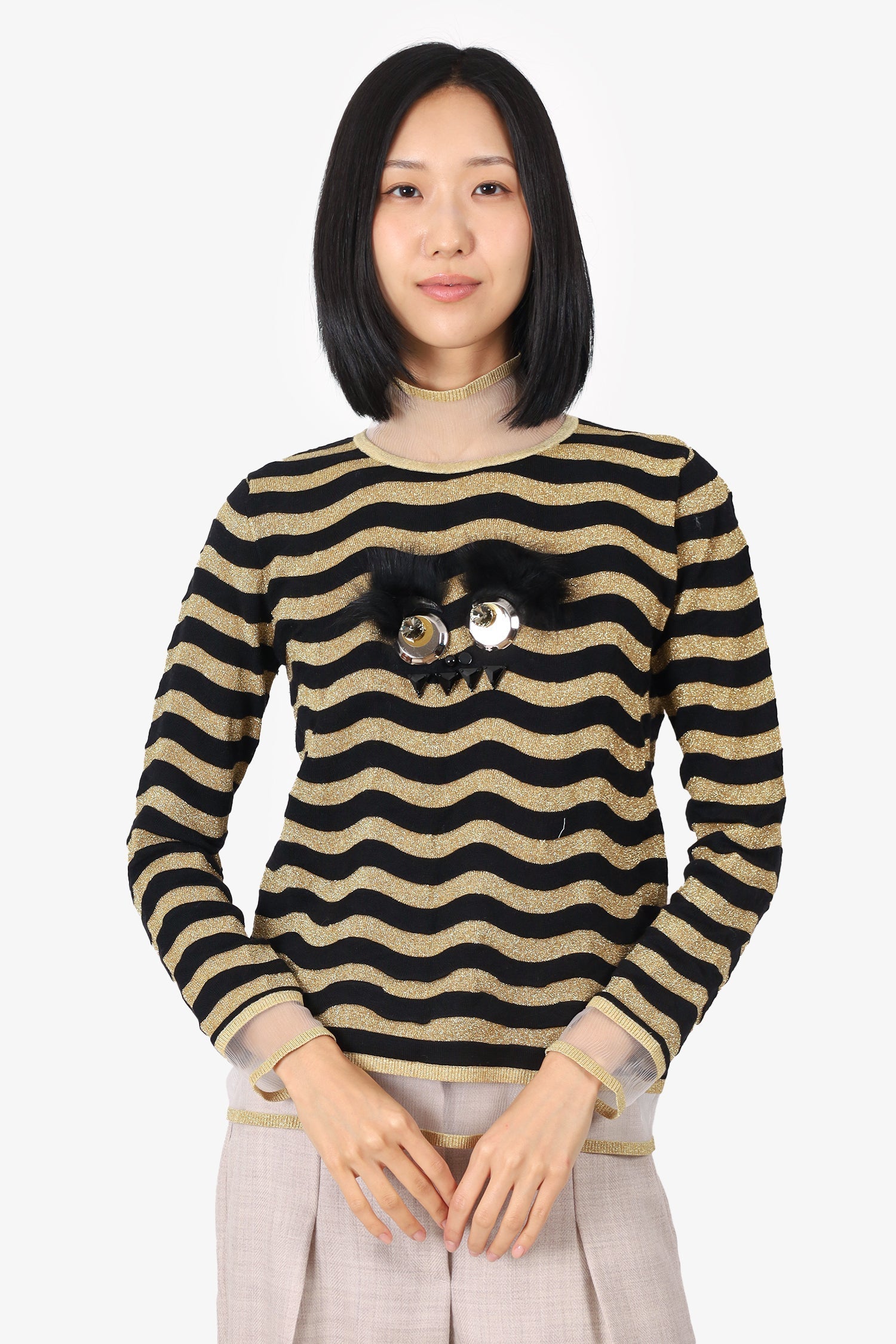 Fendi Handbag Metallic Embellished Monster Sweater As Is Black Gold