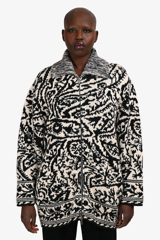 Dior Handbag Christian Wool Cashmere Patterned Up Cardigan Black White Zip