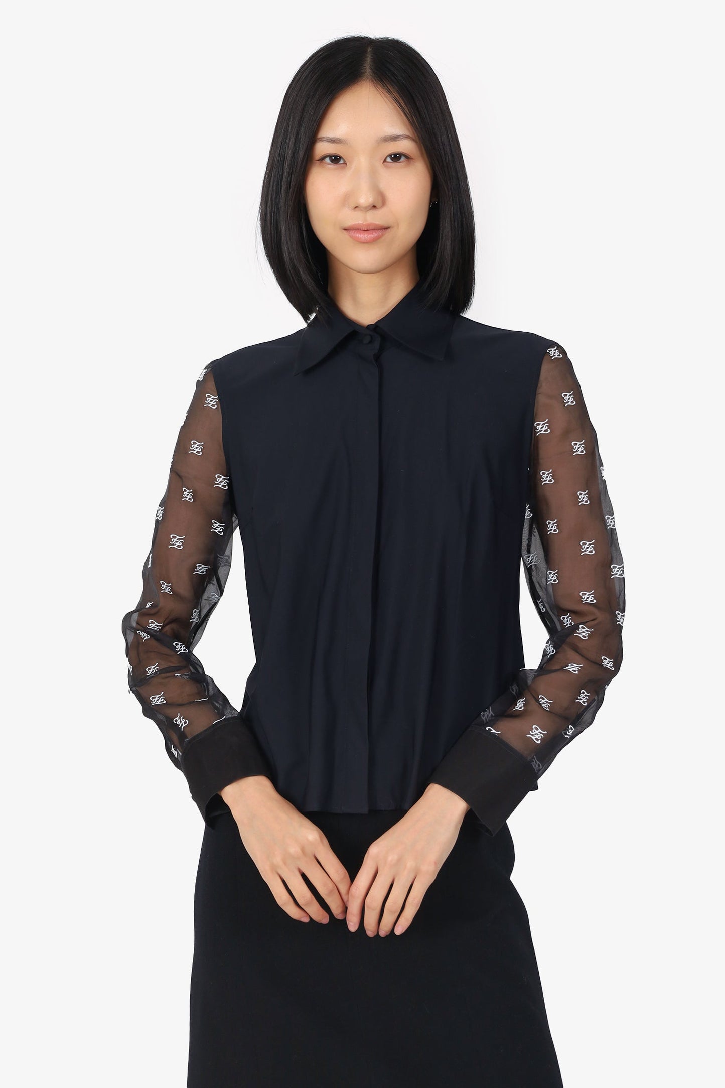 Fendi Handbag Sheer Sleeve 'FF' Button Down Blo Black Embroidered