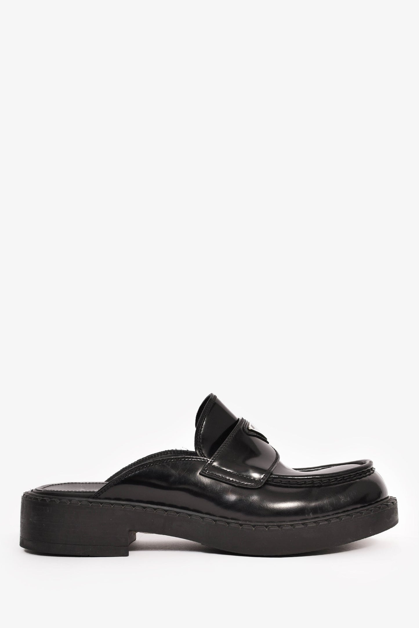 Prada Shoe Brushed Plue Mule Loafers Leather Black Shoes