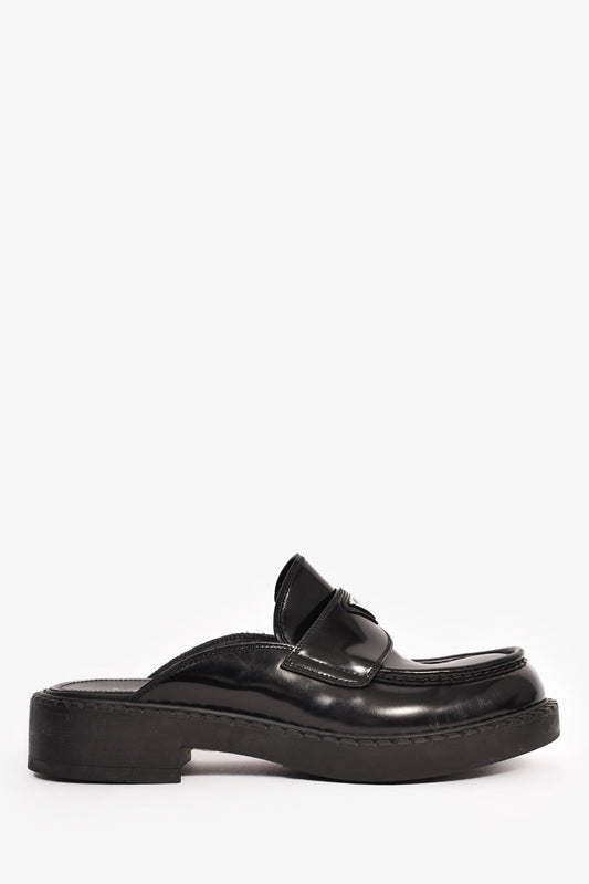 Prada Shoe Brushed Plue Mule Loafers Leather Black Shoes