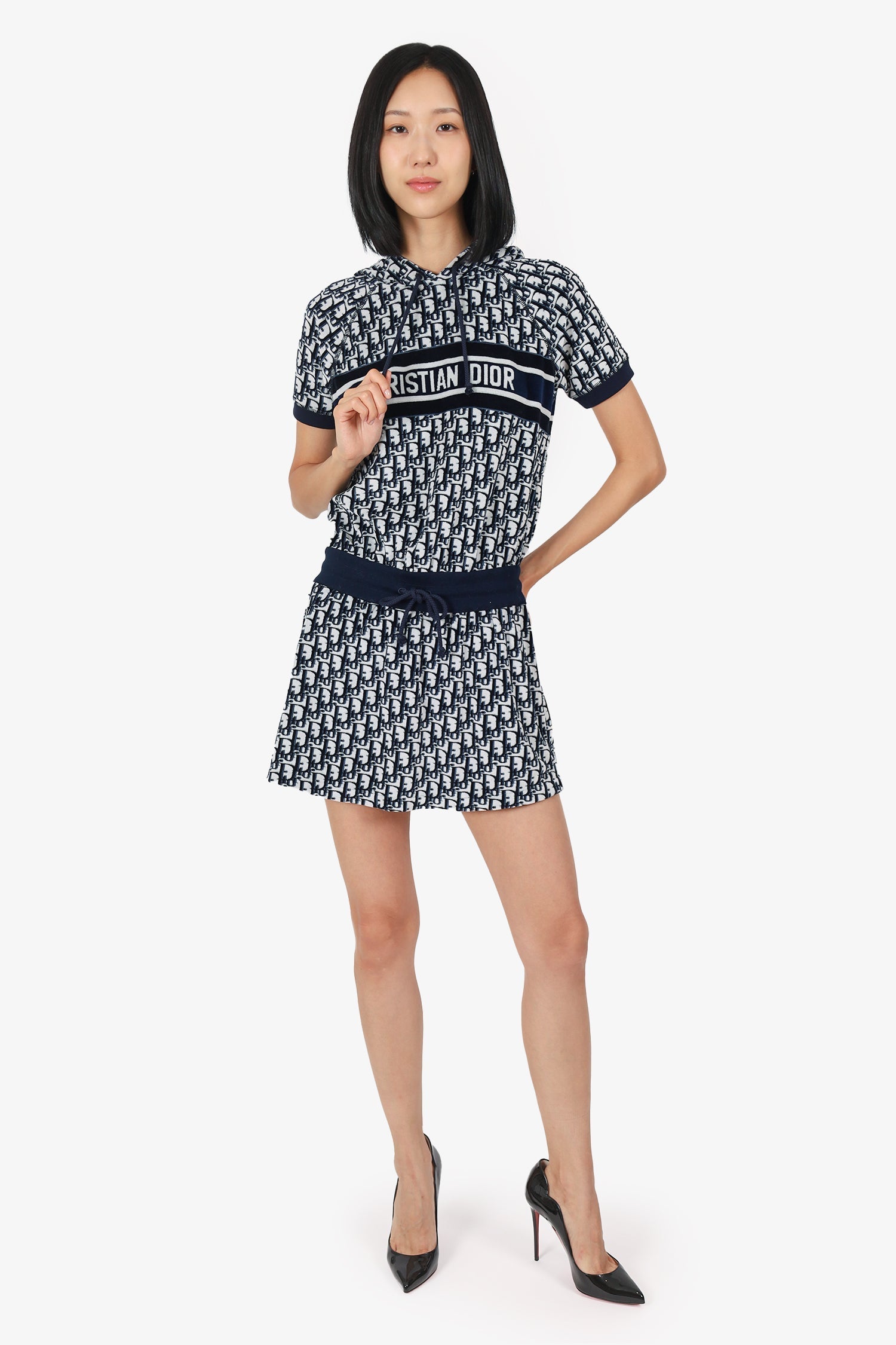 Dior Handbag Christian Oblique Cotton Terry Hooded Dress Blue Navy