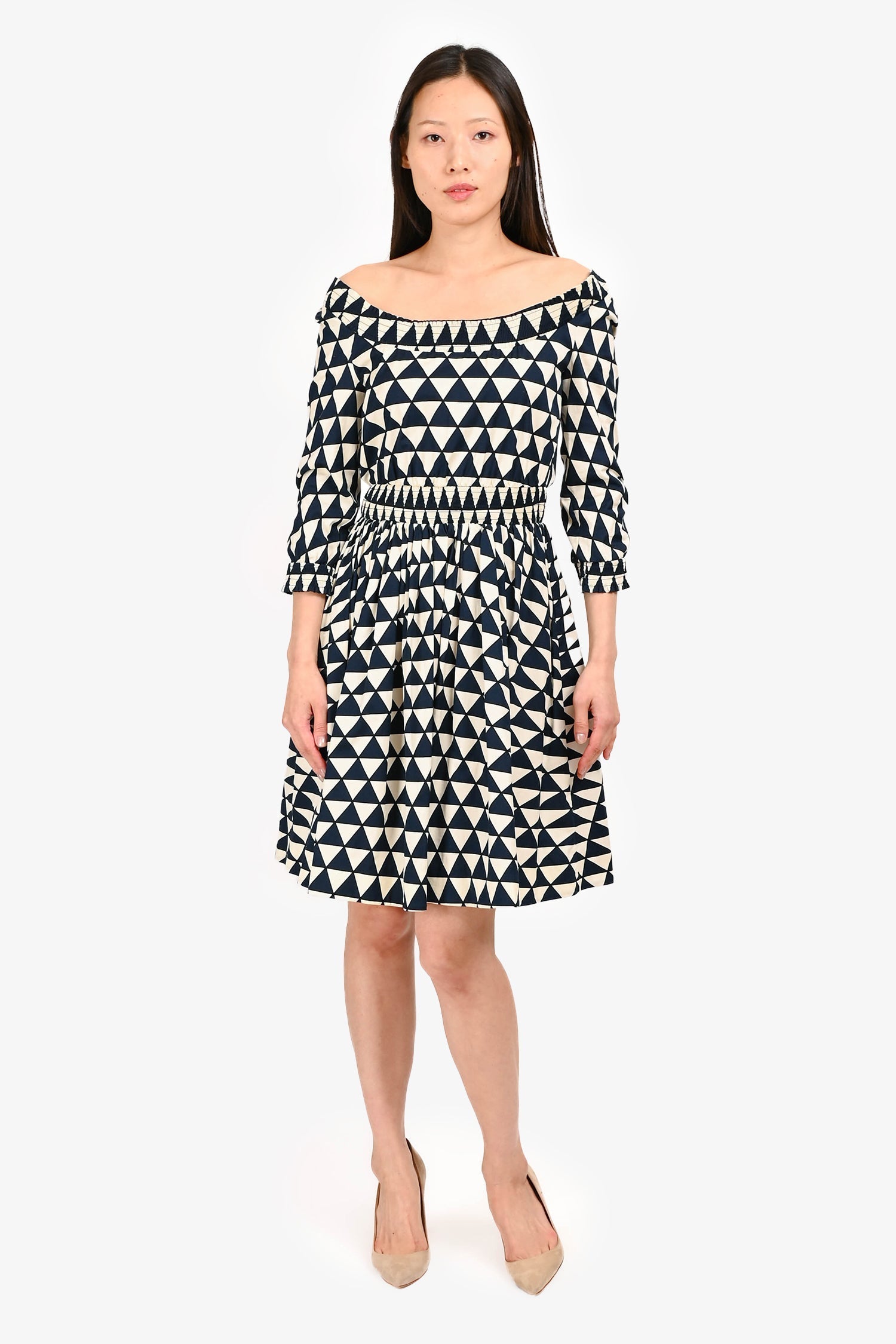 Prada Handbag Cotton Triangle Pattern Knee Length Long Sleeve White Navy