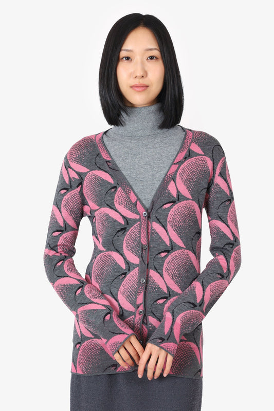 Prada Handbag Grey Wool Knit Printed Cardigan Pink Gray