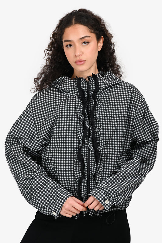 Prada Handbag Gingham Check Ruffle Detailed Wind Breaker Black White