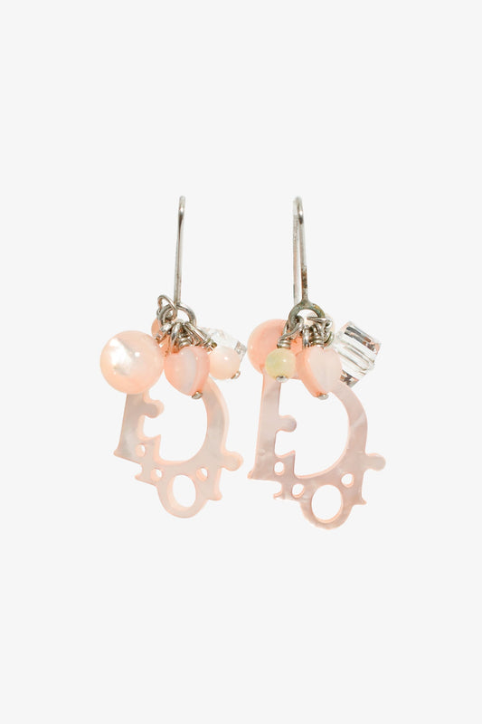 Dior Handbag Christian Tone Drop Earrings Pink Silver Logo Jewelry