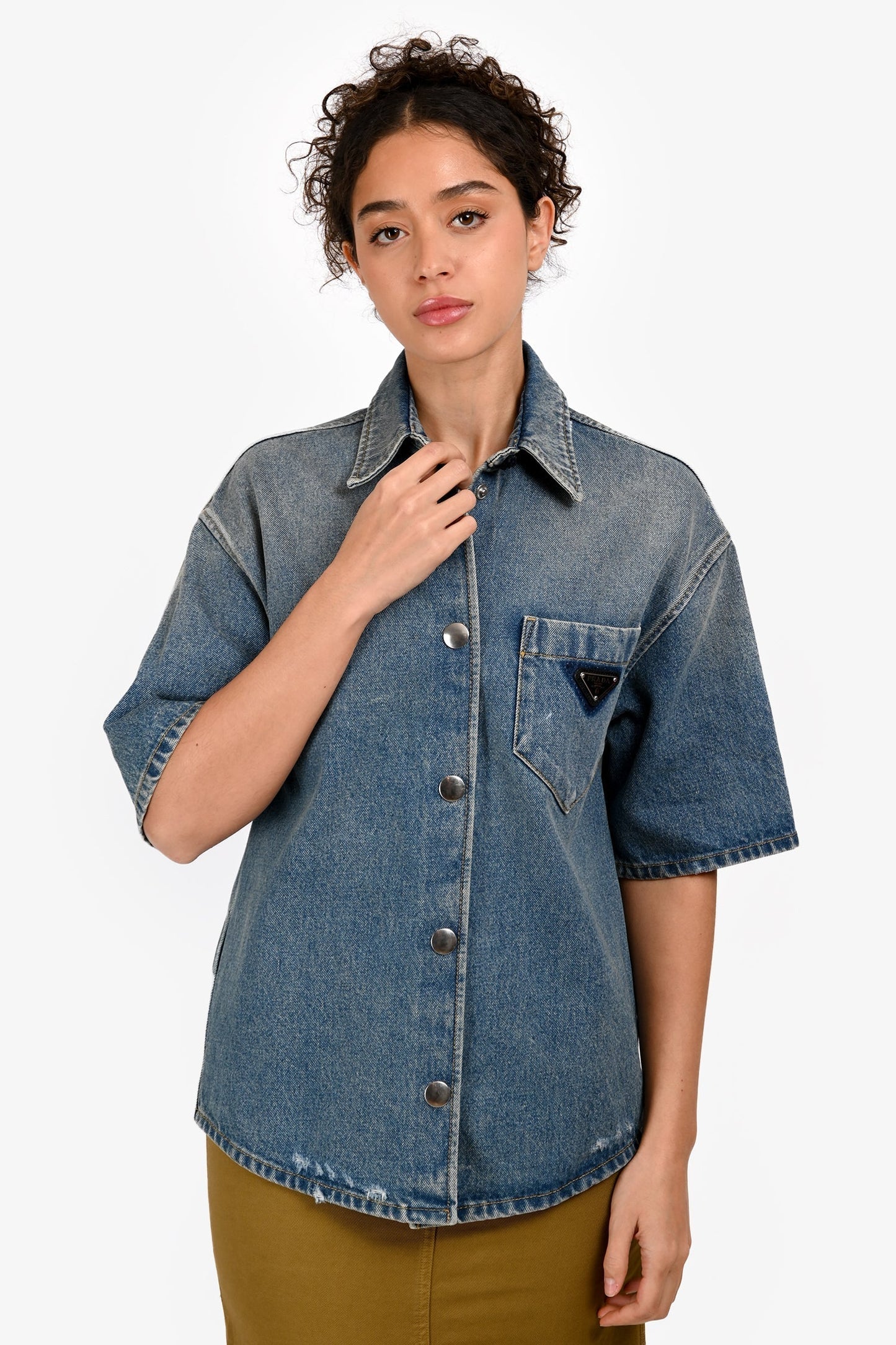 Prada Handbag Plue Button Down Shirt Denim Blue Logo
