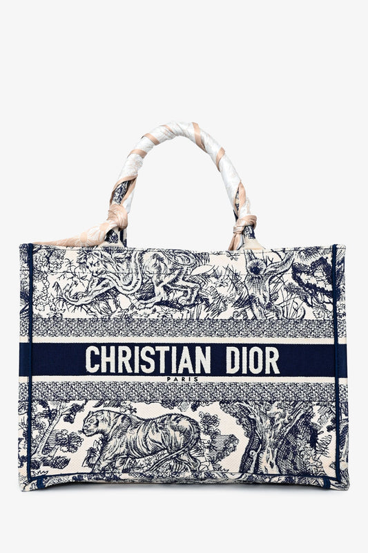 Dior Tote Bag Christian Toile de Jouy Book Tote White Navy Medium