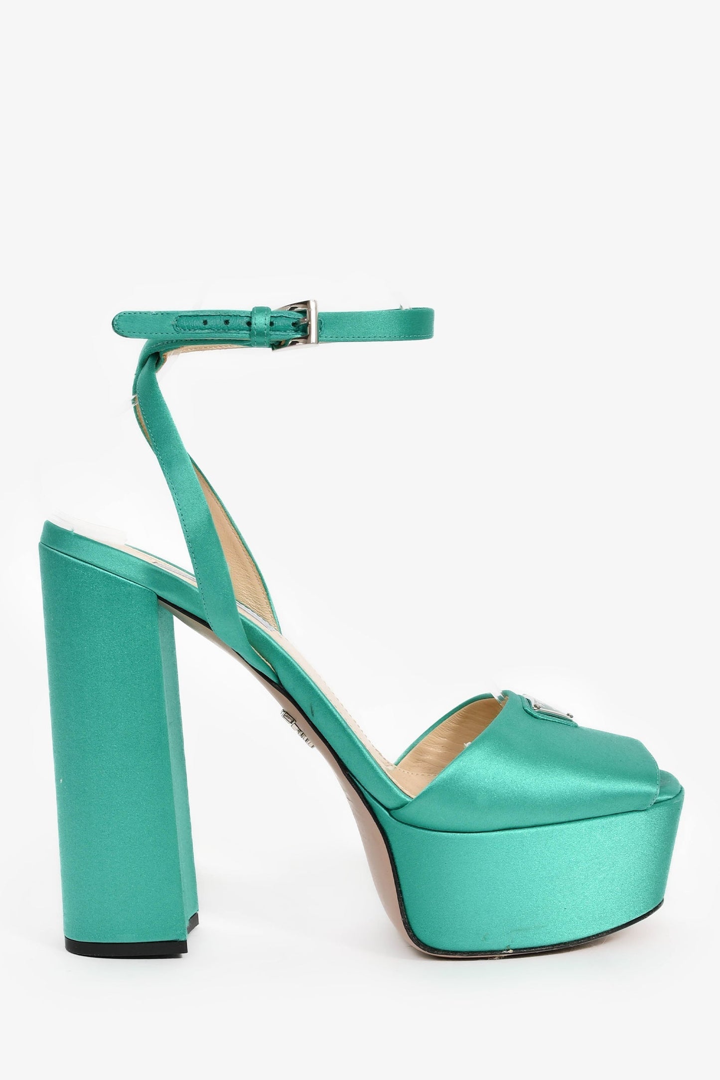 Prada Handbag Triangle Heeled Platform Heels Satin Green Shoes